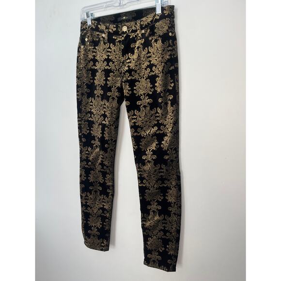 7 For All Mankind Velvet Pants Women 27‎ Black Gold Baroque Skinny Stretch - Picture 8 of 10